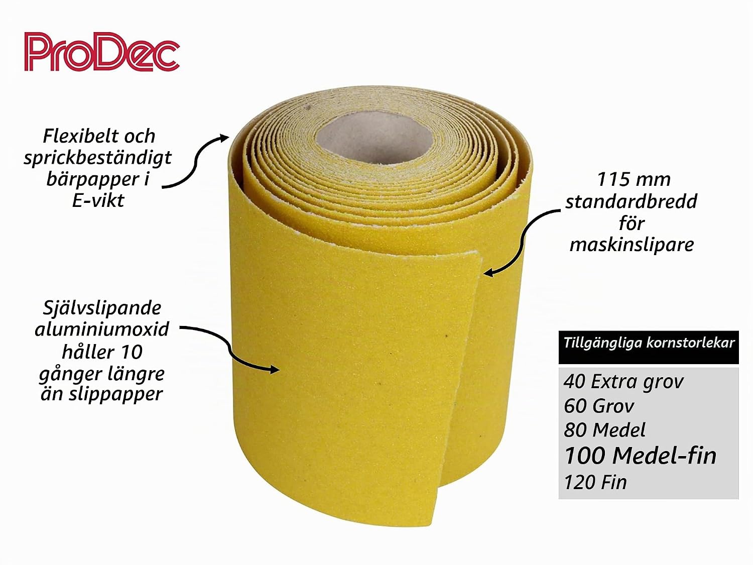 Detalle 2 de ProDec sliprulle 5 m, korn 80 i aluminiumoxid, 115 mm bred