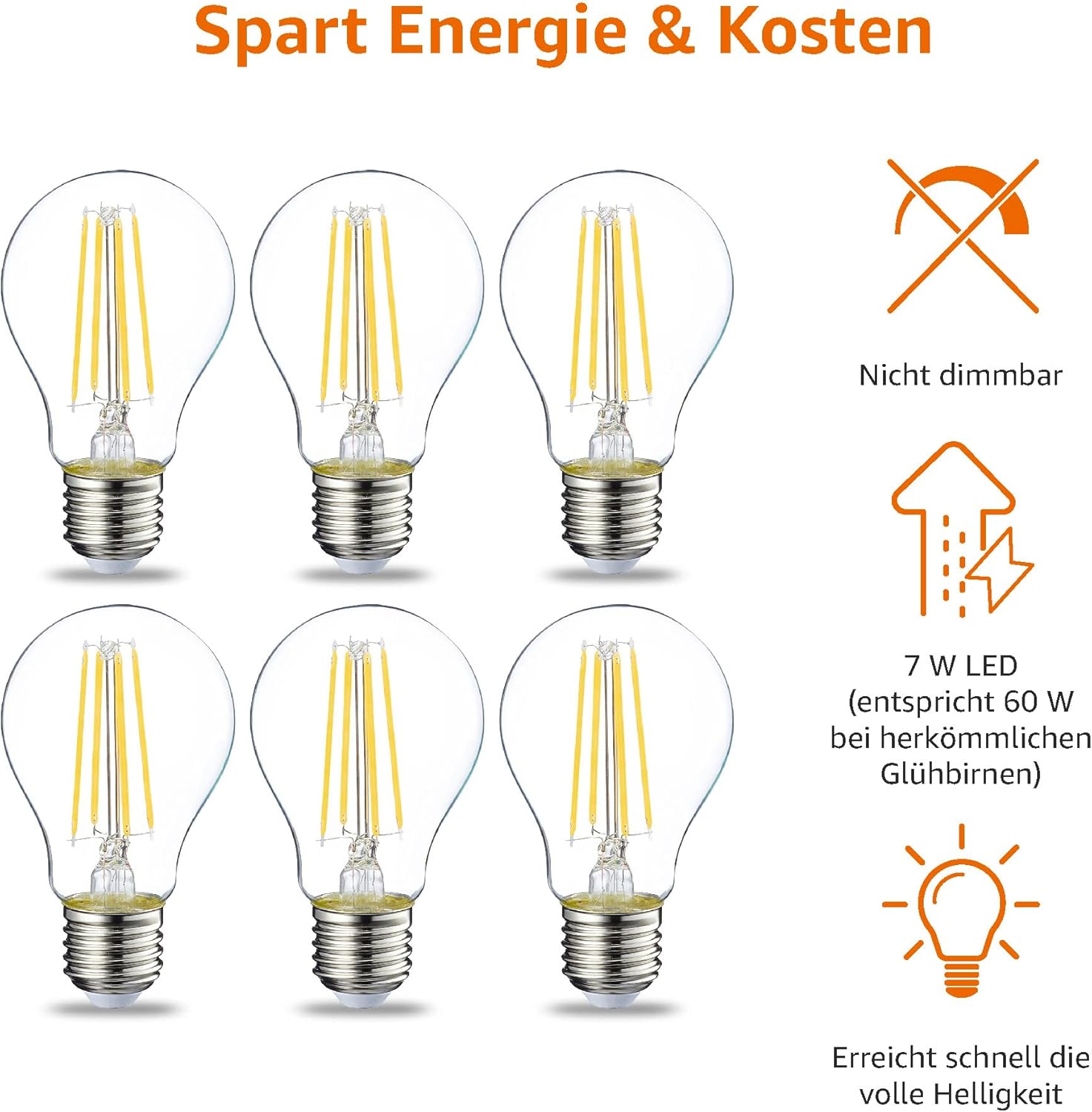 Detalle de Amazon Basics Warmweiß LED-Leuchtmittel, Edison-Sockel E27, 7 W (entspricht 60-W-Glühbirne), non-dimmbar, 6er-Pack