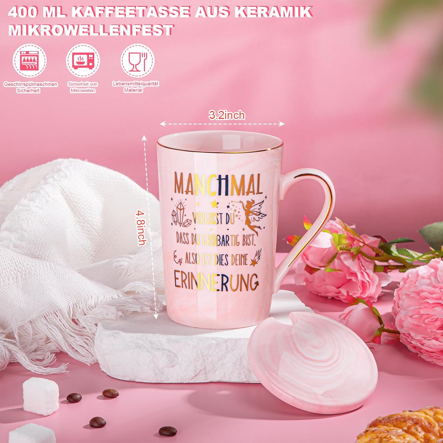 Thumbnail 1 de Dankeschön Geschenke für Frauen – Rosa Marmorkaffeetasse 400ml mit Golddruck, Deckel, Löffel und Geschenkbox