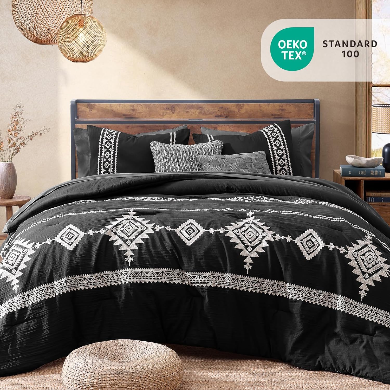 Thumbnail 1 de MaiRêve Embroidery Queen Size Comforter Set in Black — 7 Pieces, All-Season Boho Farmhouse Western Bedding