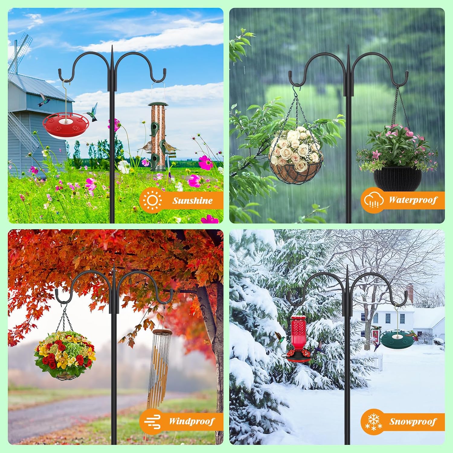 Detalle de FEED GARDEN 76-Inch Double Shepherd’s Hook, Adjustable 5-Prong Base, 2-Pack