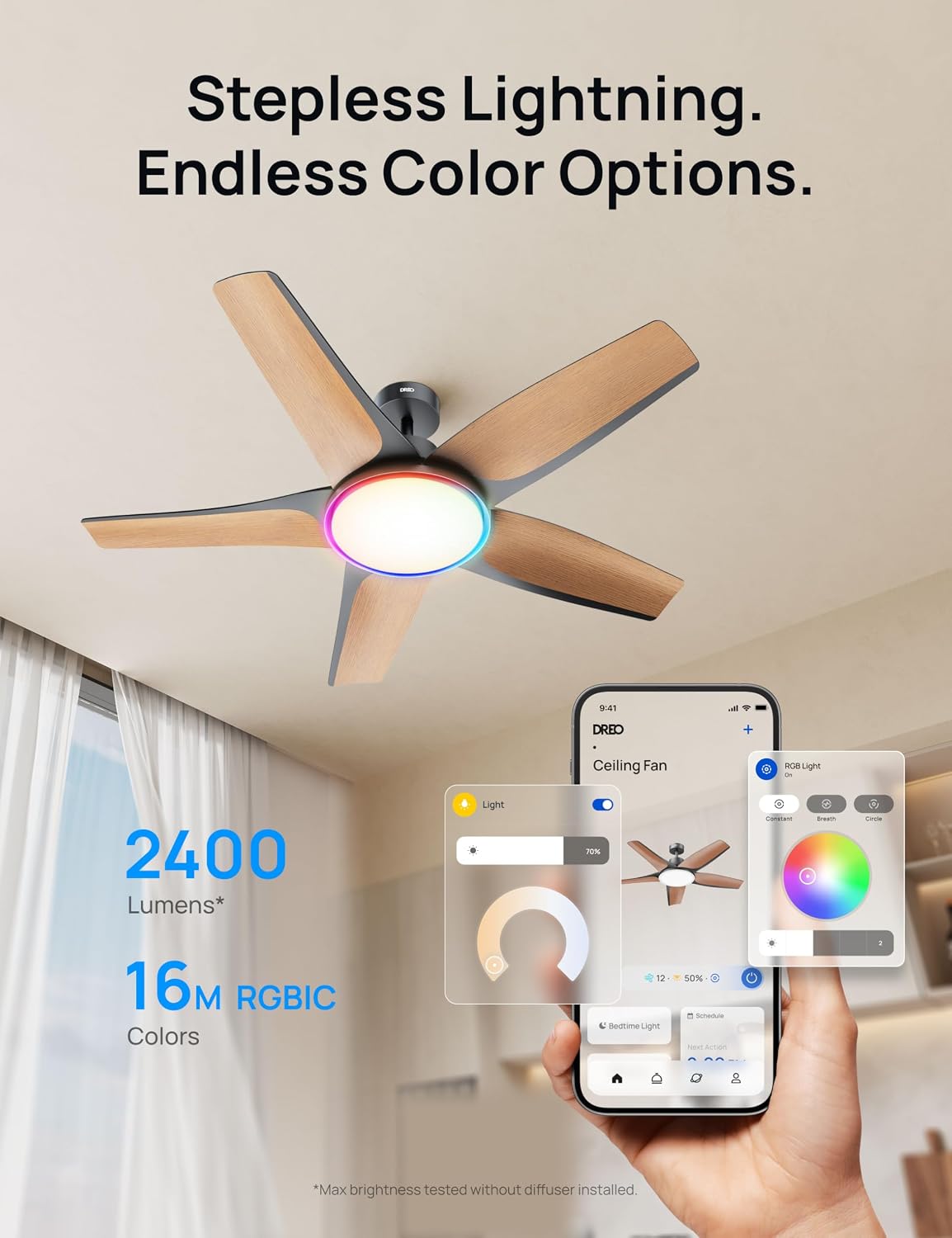 Detalle 2 de DREO Smart Ceiling Fan with Lights (Low Profile, 52in) with Alexa/App Control, Dimmable RGB Ambiance, Black