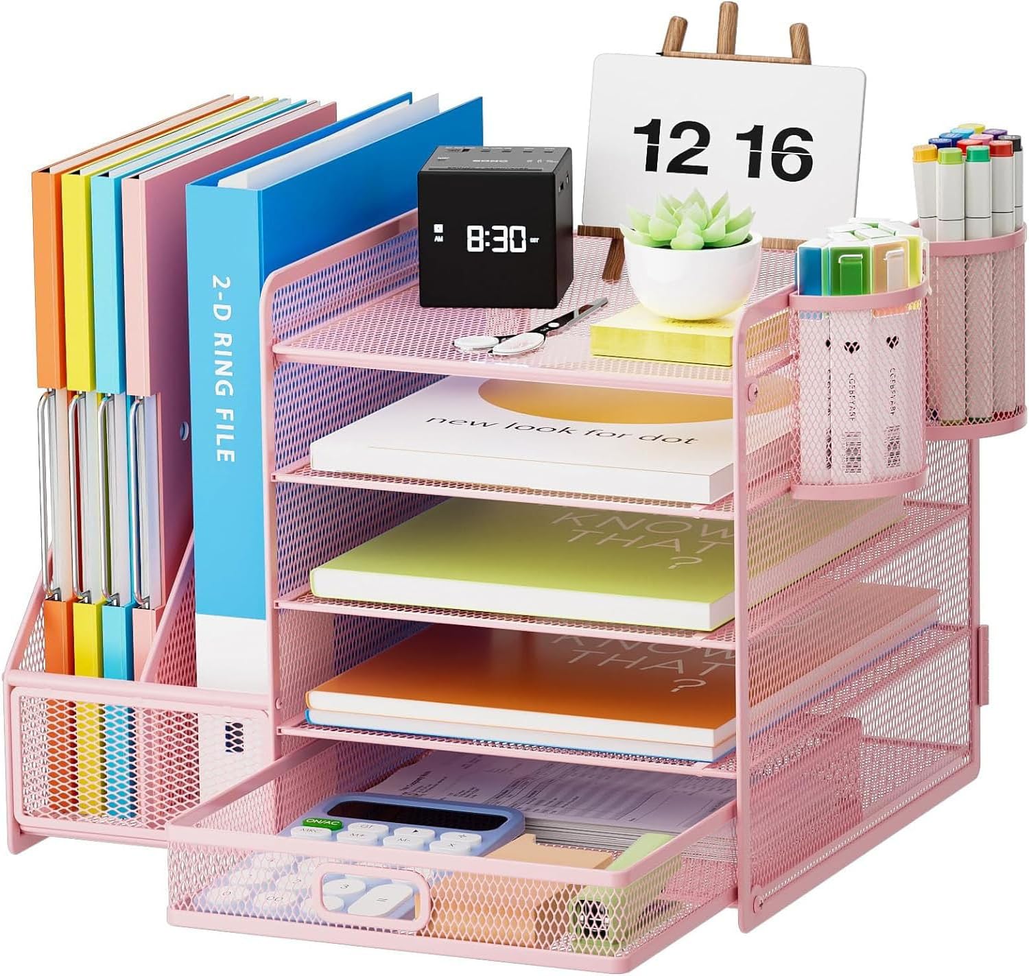 Marbrasse Desk Organiser File Holder (5-tier tray, drawer, 2 pen holders) – Pink