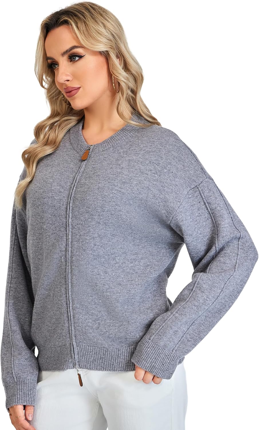Thumbnail 1 de VETLURY Damen-Strickjacke aus 100% Merinowolle mit Doppelreißverschluss (Rundhals Cardigan) für die Übergangszeit