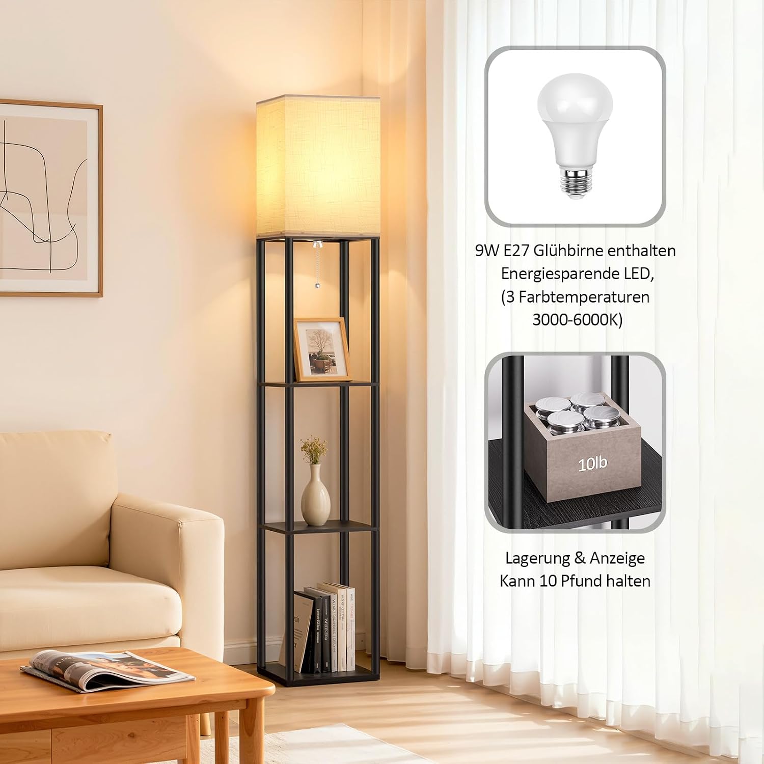 Detalle 2 de Stehlampe mit Regal und 3 Farbtemperaturen (3000K/4500K/6000K) für Wohnzimmer, Schlafzimmer & Büro in Schwarz