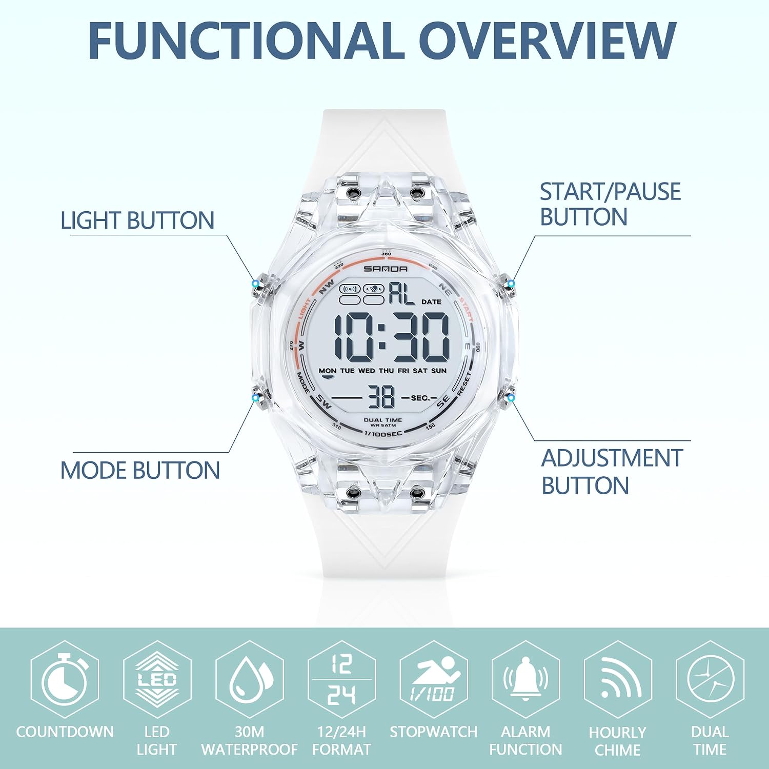 Detalle 2 de TICKEEN orologio digitale sportivo da uomo multifunzione impermeabile con allarme, conto alla rovescia e luce