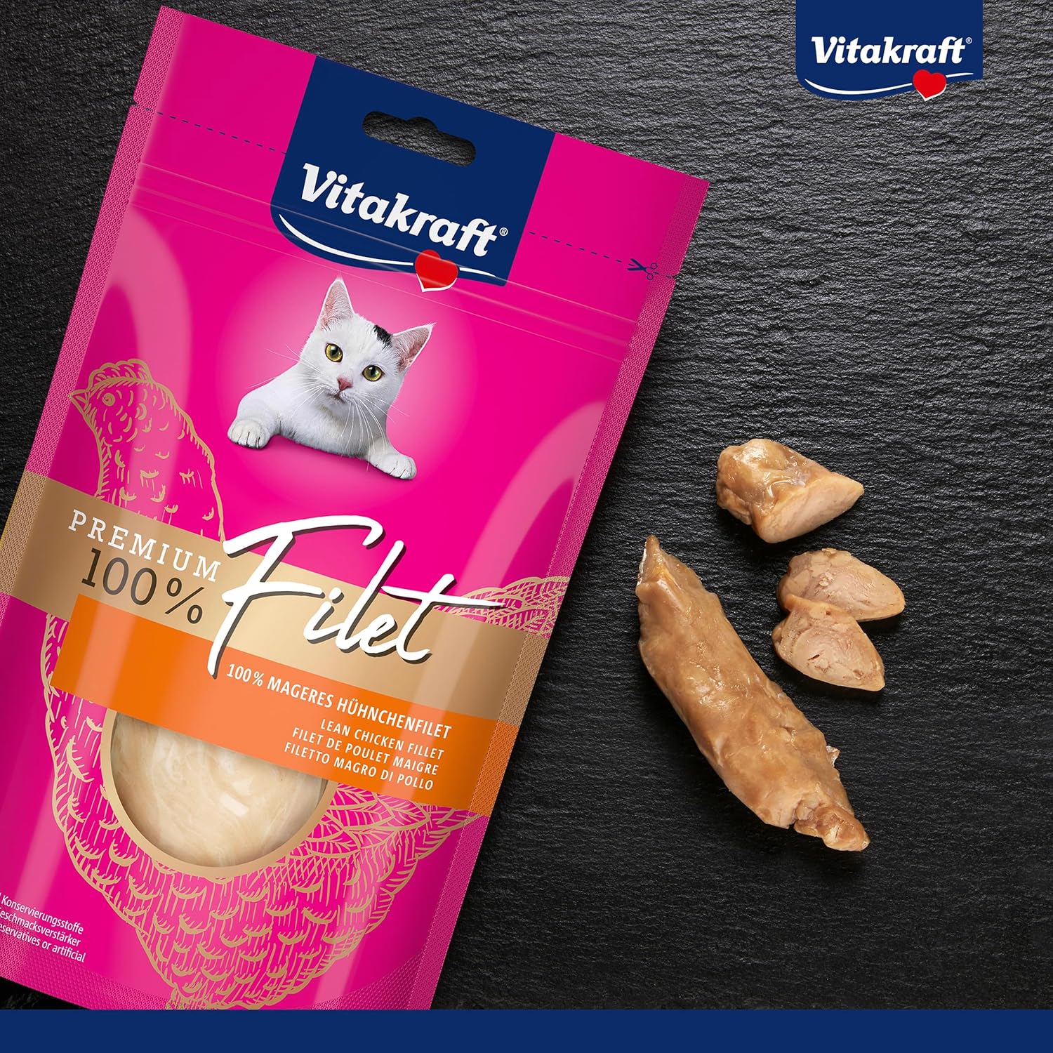 Detalle de VITAKRAFT Premium Friandises pour Chats – Filet de Poulet Allégé, Sans Céréales, Hypoallergéniques, Format Économique (7x70 g)