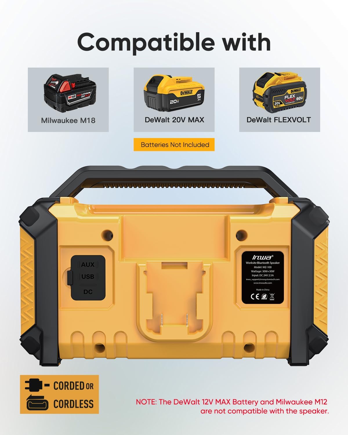 Detalle de Inwa Jobsite Bluetooth Speaker with 60W Power, RGB Lights, and Multi-Battery Compatibility