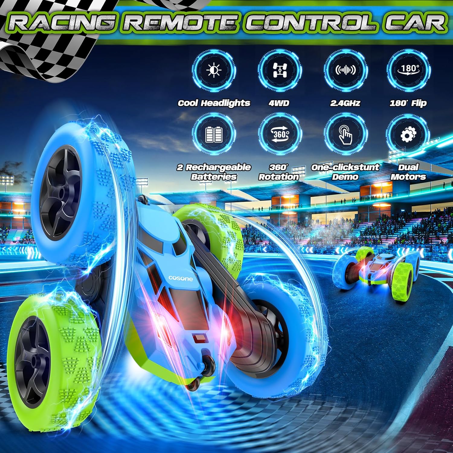 Detalle de COSONE Blue Green RC Car for Kids: 360° Stunt Fun with USB-C Rechargeable Battery