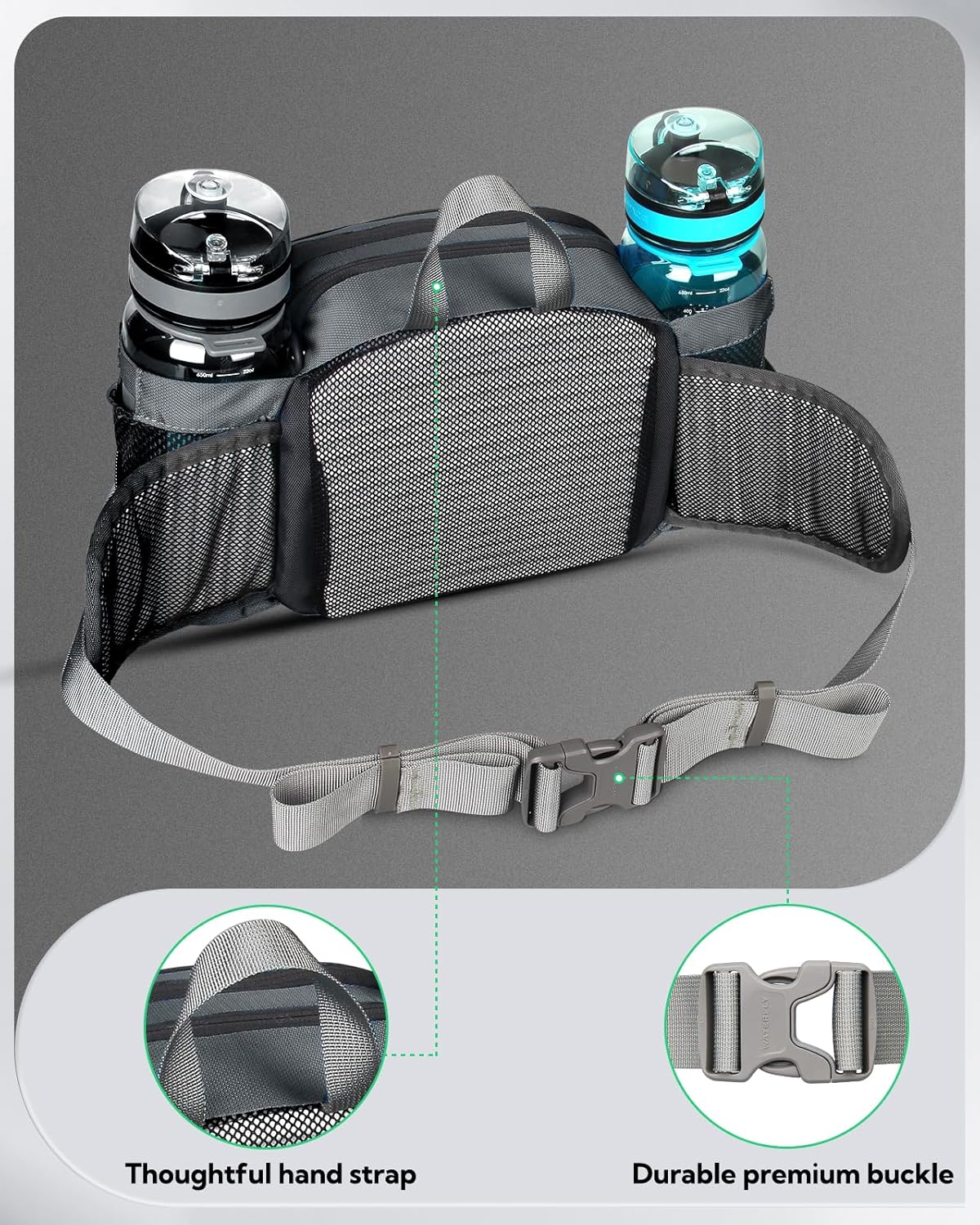 Detalle 2 de Waterfly Hiking Waist Pack Bum Bag with Bottle Holder: a versatile travel-ready waist bag