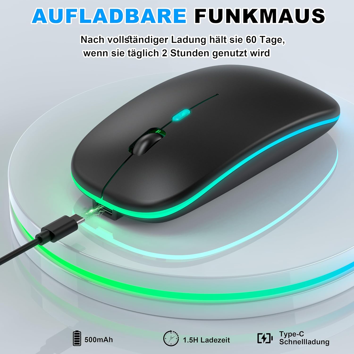 Thumbnail 5 de Azmall kabellose Maus mit Jiggler-Modus – Bluetooth 5.2 & 2,4G Funk, 1600 DPI, Schwarz