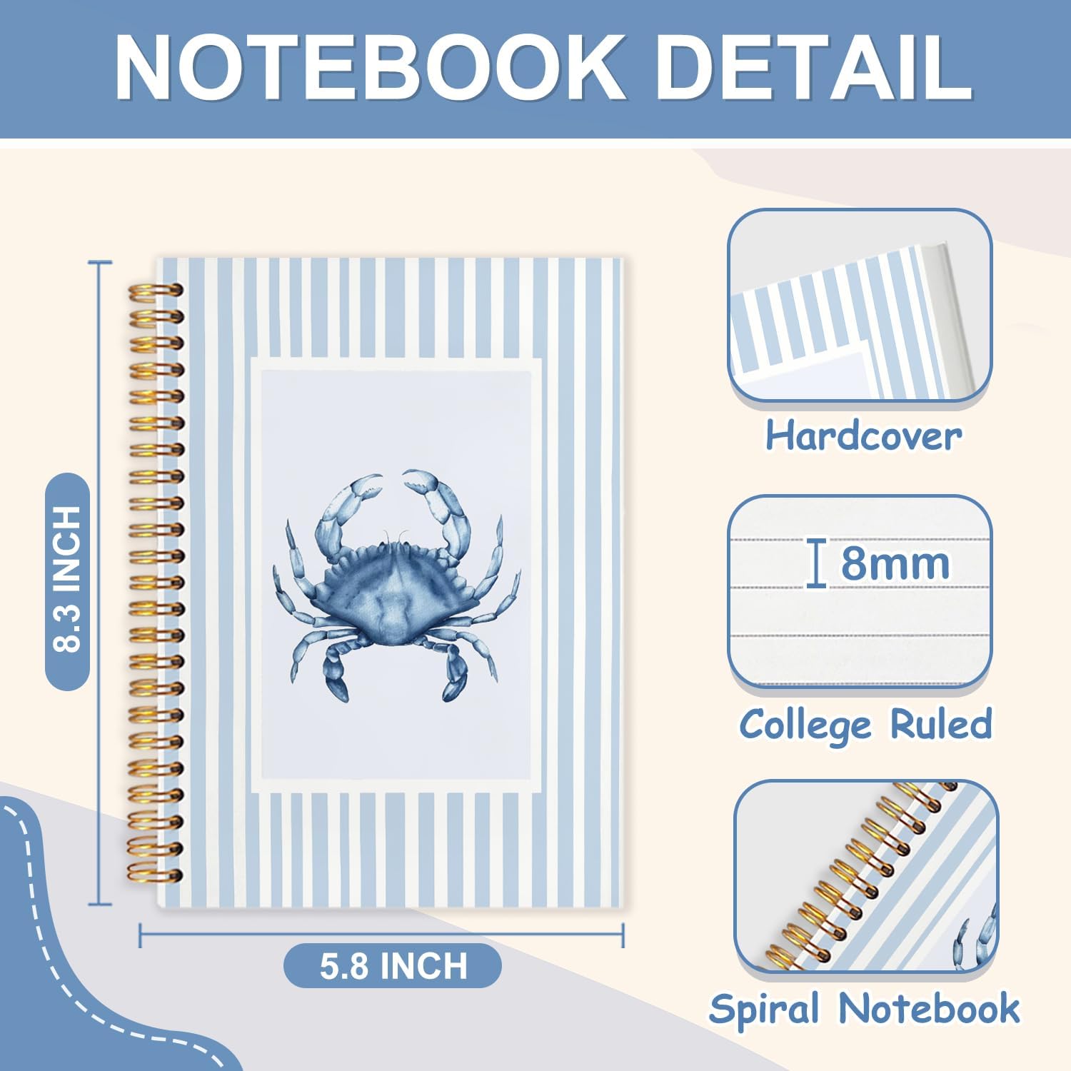 Detalle 2 de YPZPSJB Blue and White Crab Spiral Notebook, 80 Pages, Hardcover, 5.5 x 8.3 Inch