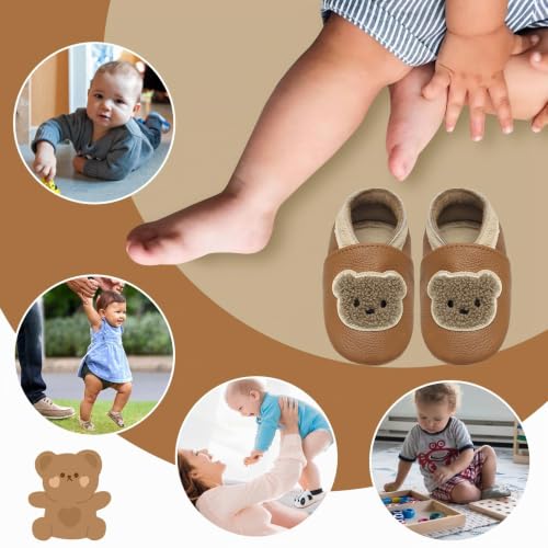 Detalle de IceUnicorn Chausson Bébé en Cuir Souple — Premiers Pas pour Garçon et Fille (Ours Brun Jaune, 12-18 mois)