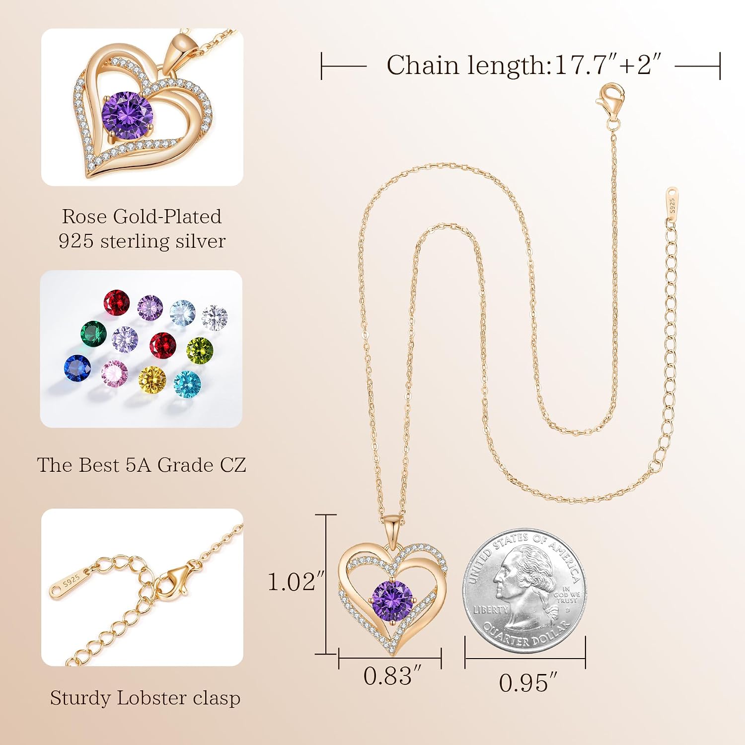 Thumbnail 5 de LOUISA SECRET Love Heart Birthstone Necklace 17.7"