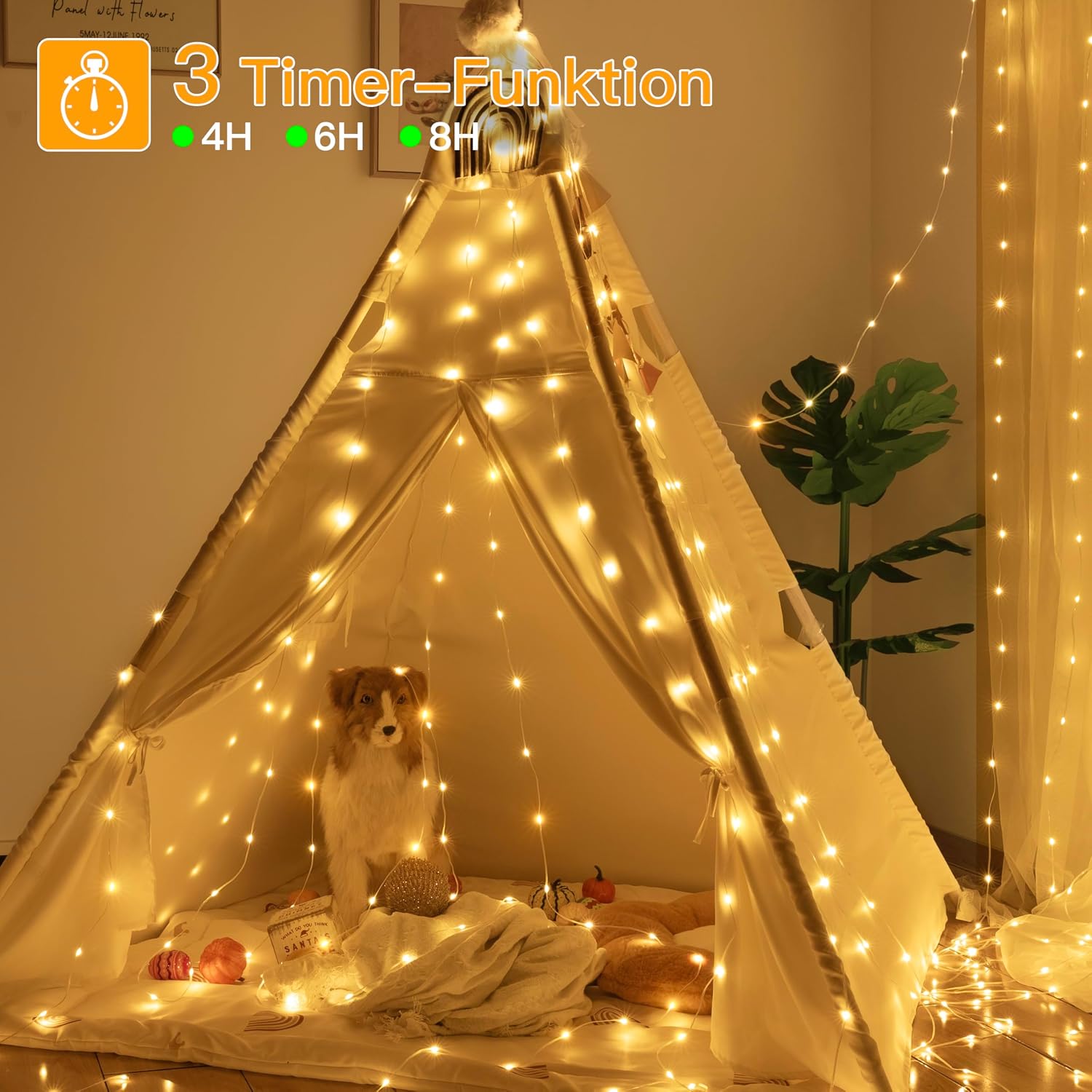 Detalle de Ollny Camping Lichterkette Aufrollbar 10M – 4-in-1 Outdoor-Lichtlösung mit 8 Modi, USB-Akku, Timer und Wasserschutz