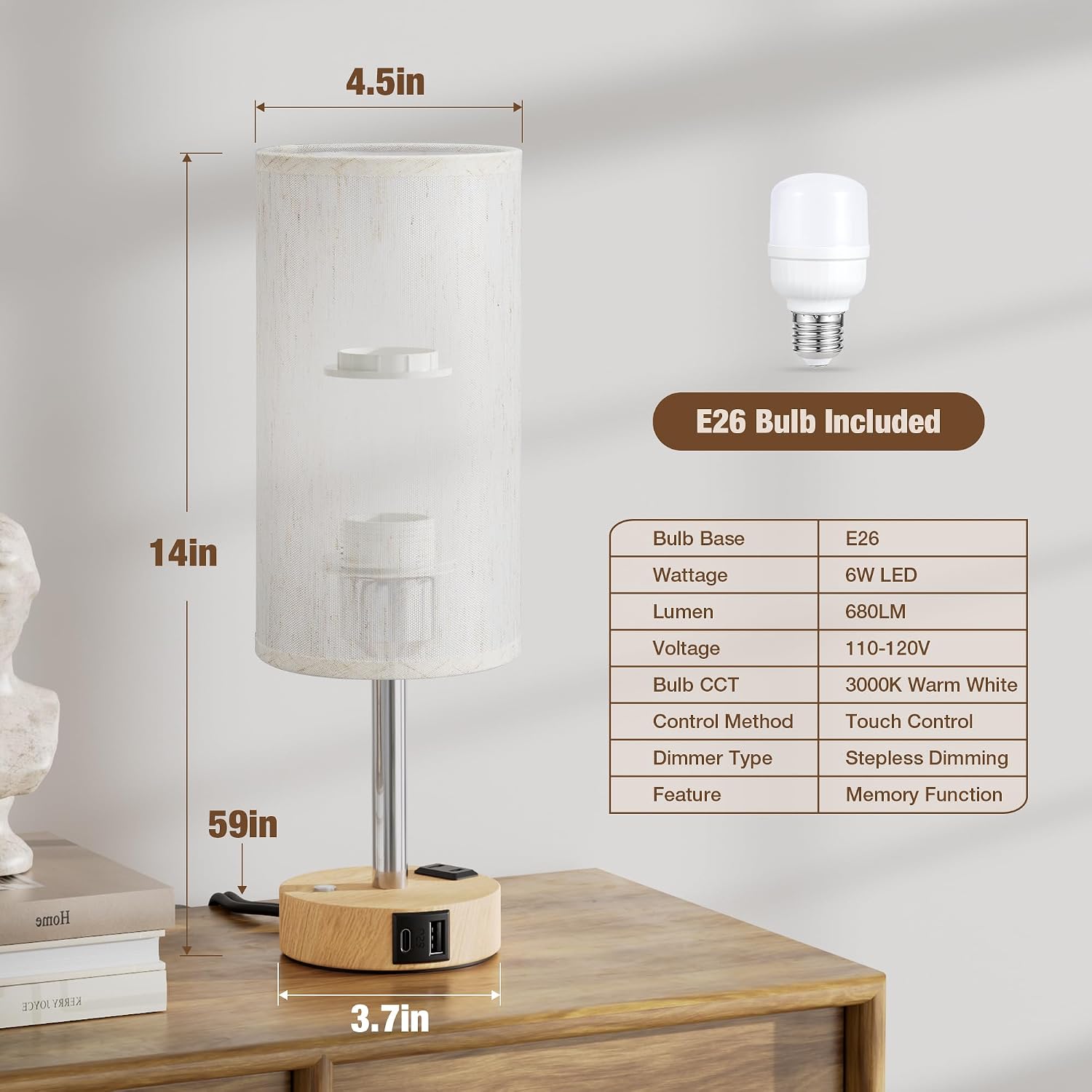 Thumbnail 4 de Touch Bedside Table Lamp with Wood-Grain Base