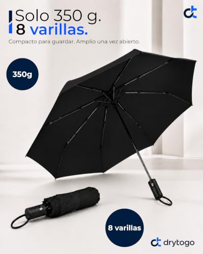 Detalle de Paraguas antiviento Drytogo plegable (Ø95/Ø100/Ø105 cm): 8 varillas reforzadas, automático y compacto