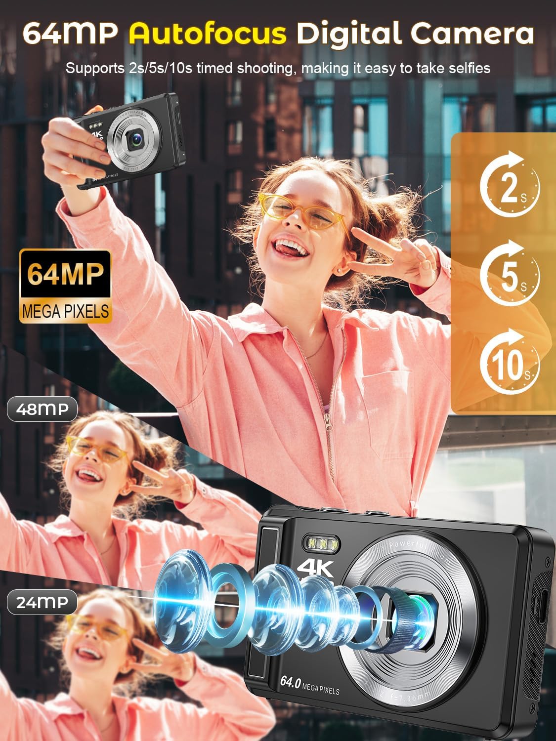 Detalle de Digitalkamera 4K 64MP – kompakte Autofokus-Kamera mit 2,8 Zoll, Macro, Webcam-Funktion & 1200 mAh Akku