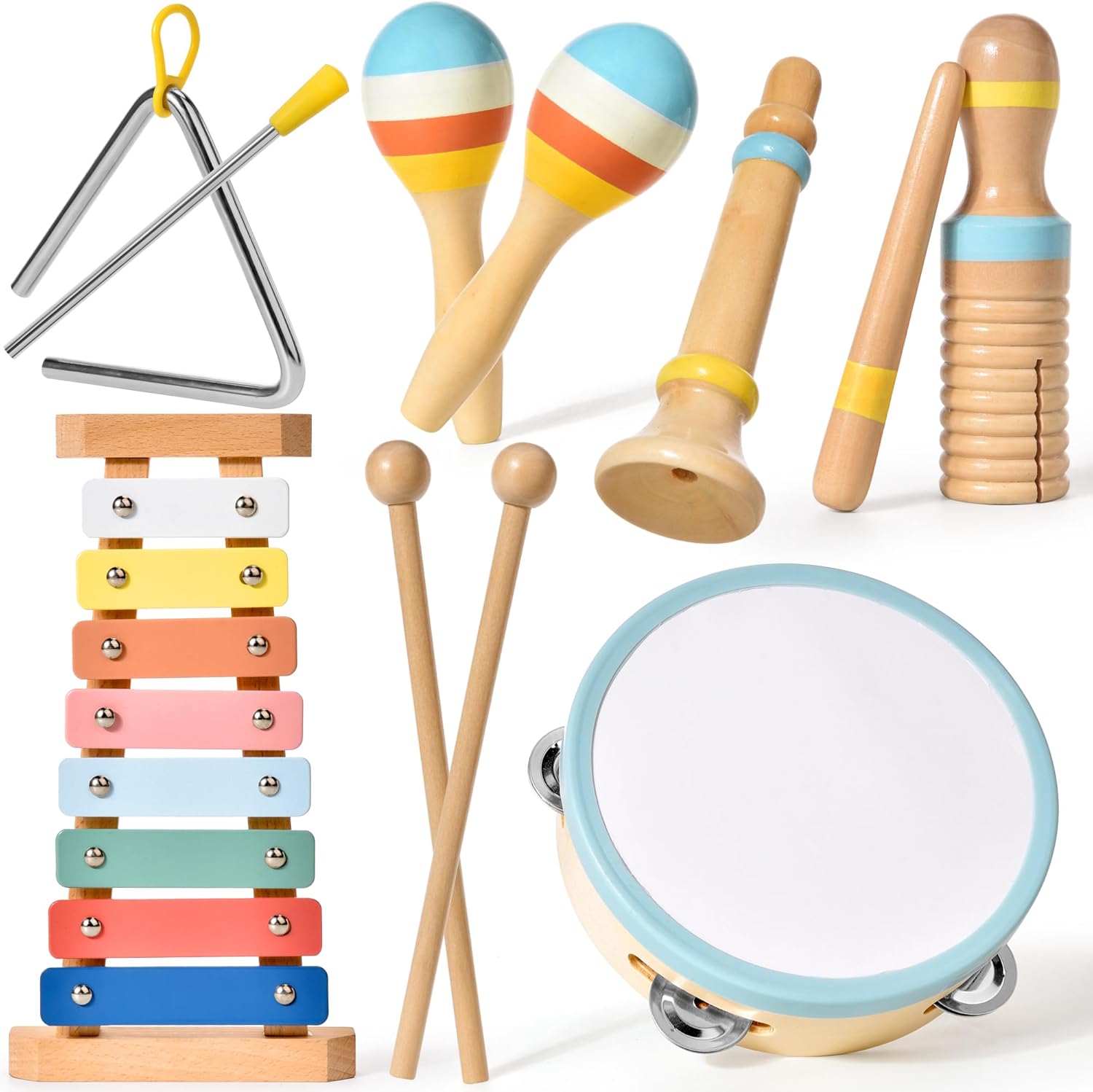 Detalle de Kids Musical Instruments: 6-in-1 Montessori Wooden Percussion Set for Toddlers (12–18M+), Boho xylophone, drums and more