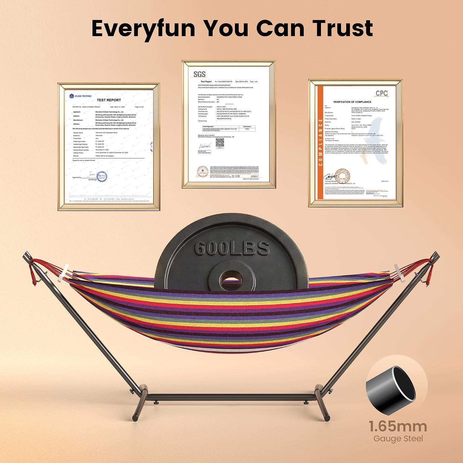 Thumbnail 6 de Everyfun DC Double Hammock with Stand, Rainbow Cotton, 600 lb Capacity