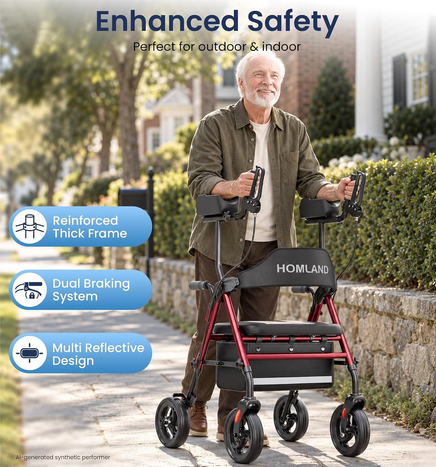 Detalle de HOMLAND Upright Walker with Seat, 16-Inch Padded Seat, Adjustable Arms