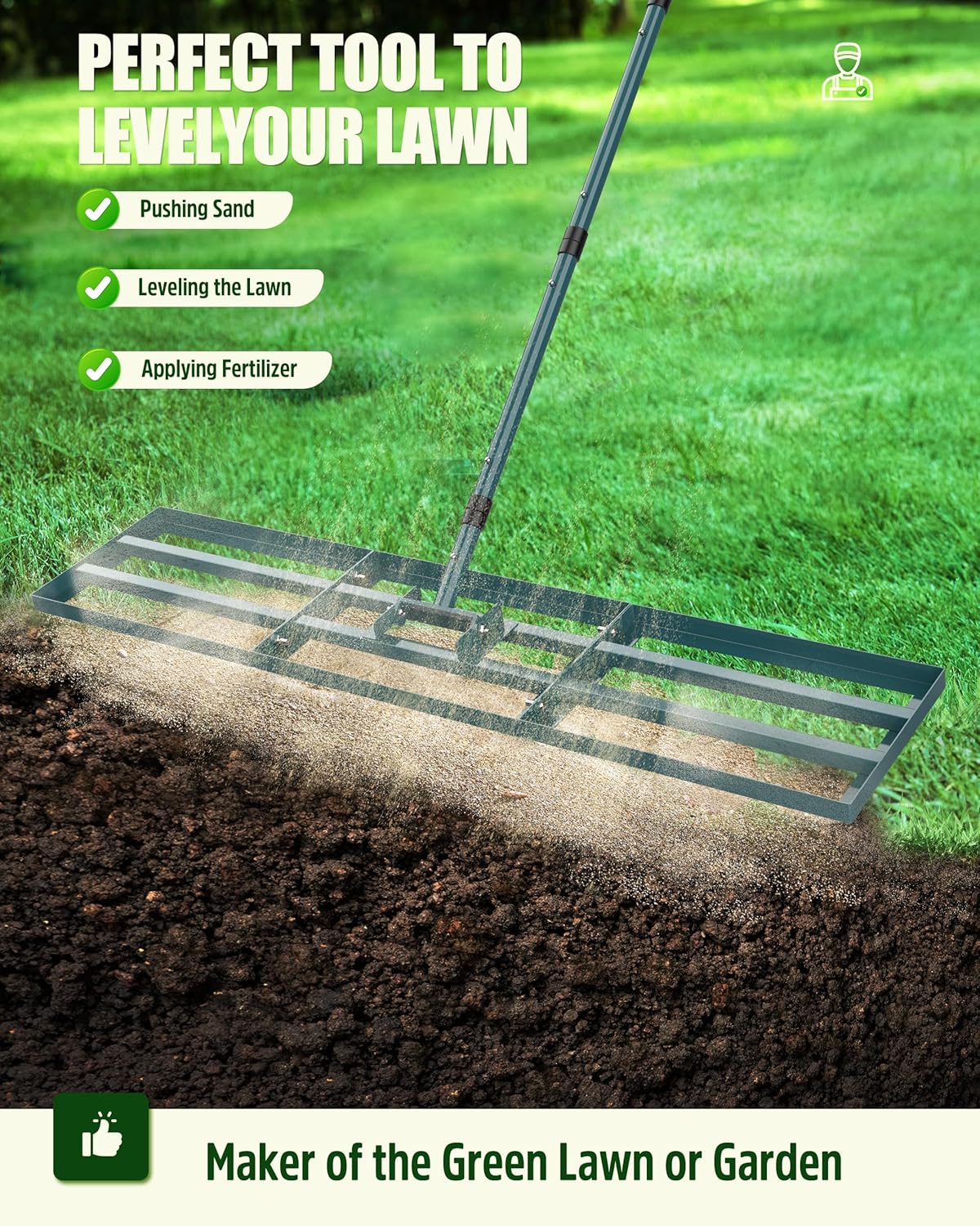 Detalle de Signstek Lawn Leveling Rake: Stainless Steel Ground Plate with long-adjustable handle for level lawns