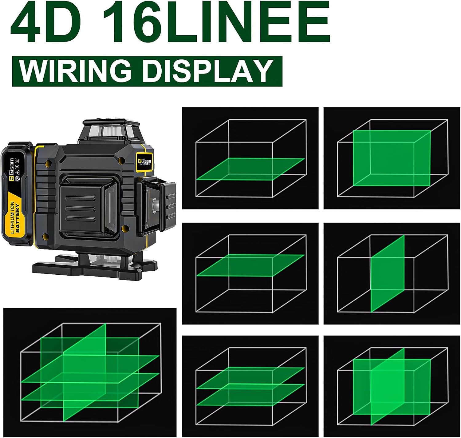 Thumbnail 6 de Kreuzlinienlaser mit Stativ Gisam 360 – 4D-Laser mit 16 Linien, 2× 4800-mAh Li-Ionen-Akkus (Typ C)
