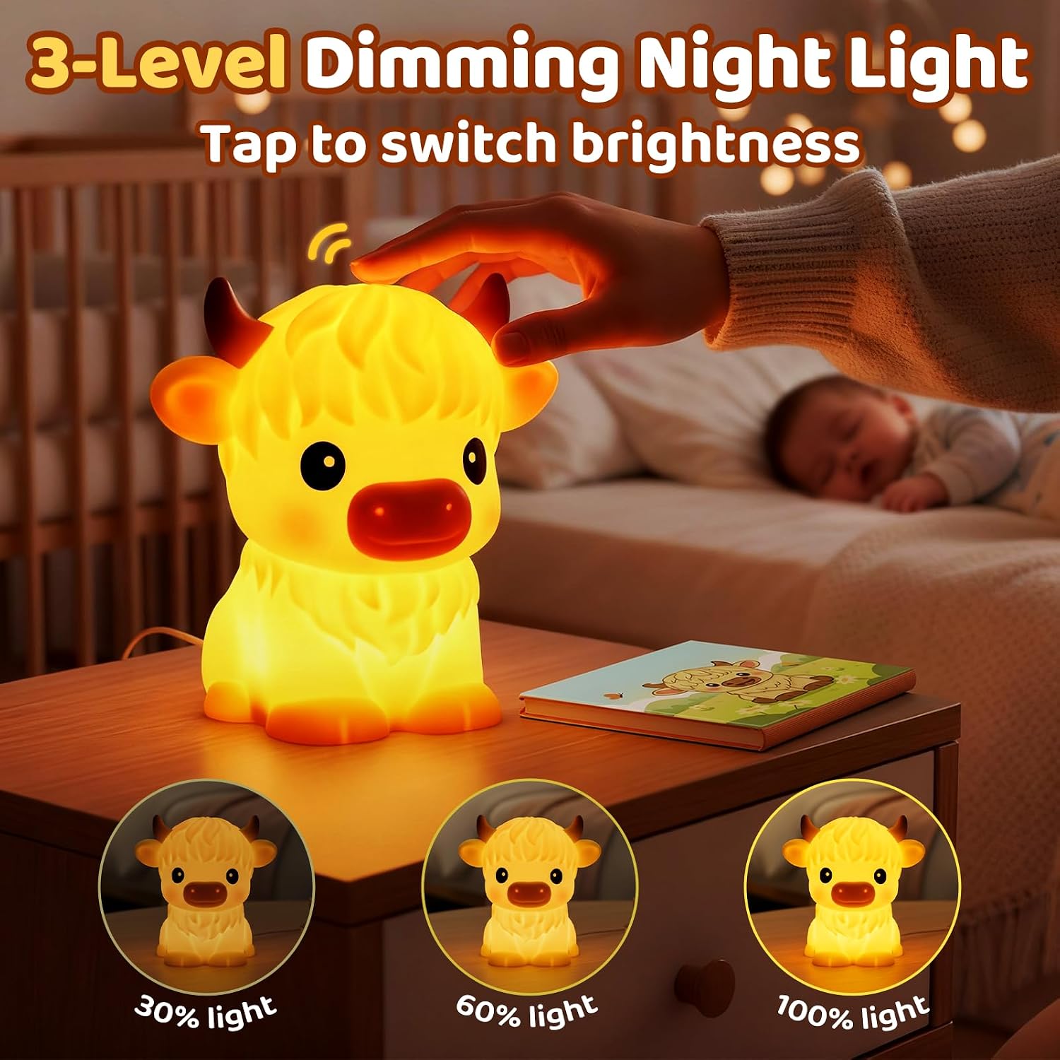 Thumbnail 1 de Mewaii Highland Cow Nachtlicht für Kinder aus Silikon – wiederaufladbar mit 3 Helligkeitsstufen und 30-Minuten-Timer