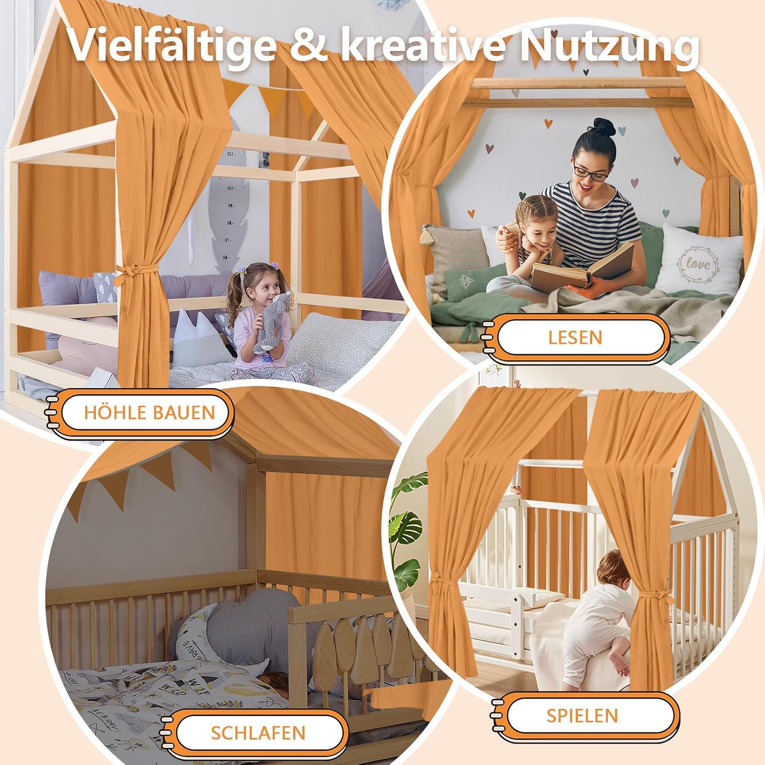 Thumbnail 3 de Alishomtll Hausbett Himmel Set – 2 Betthimmel 67x320cm + Wimpelkette, Senfgelb