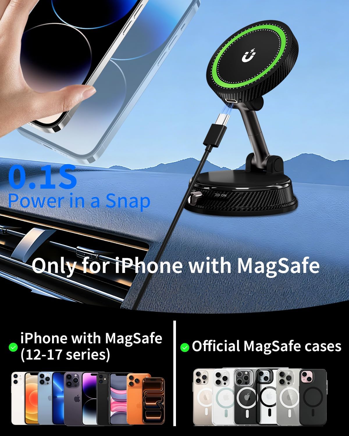 Detalle 2 de MagSafe Autohalterung 15W für iPhone 12–17 | 360° Sprungmarke mit Vakuum-Saugnapf