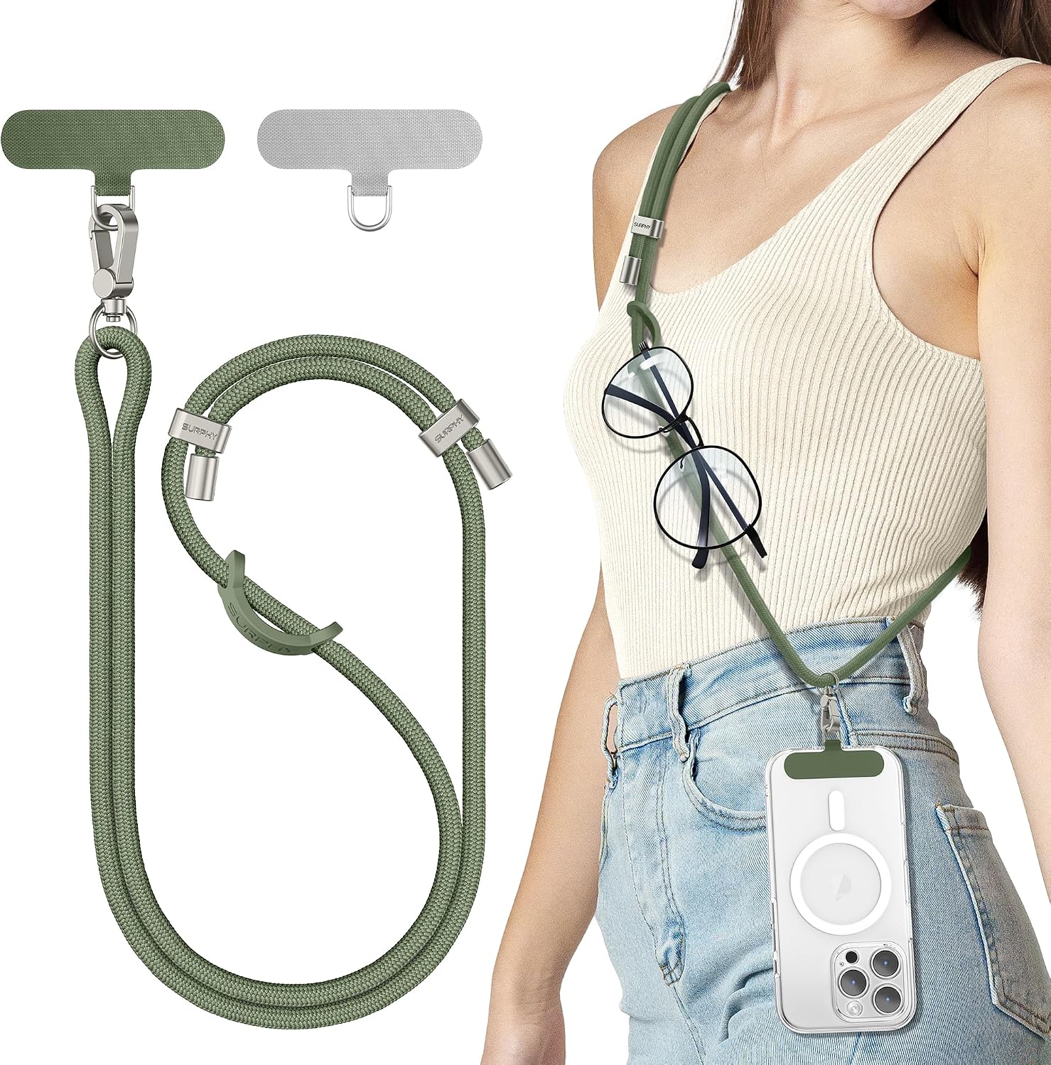 SURPHY Phone Lanyard Crossbody with 2 Tether Tabs, Adjustable Army Green
