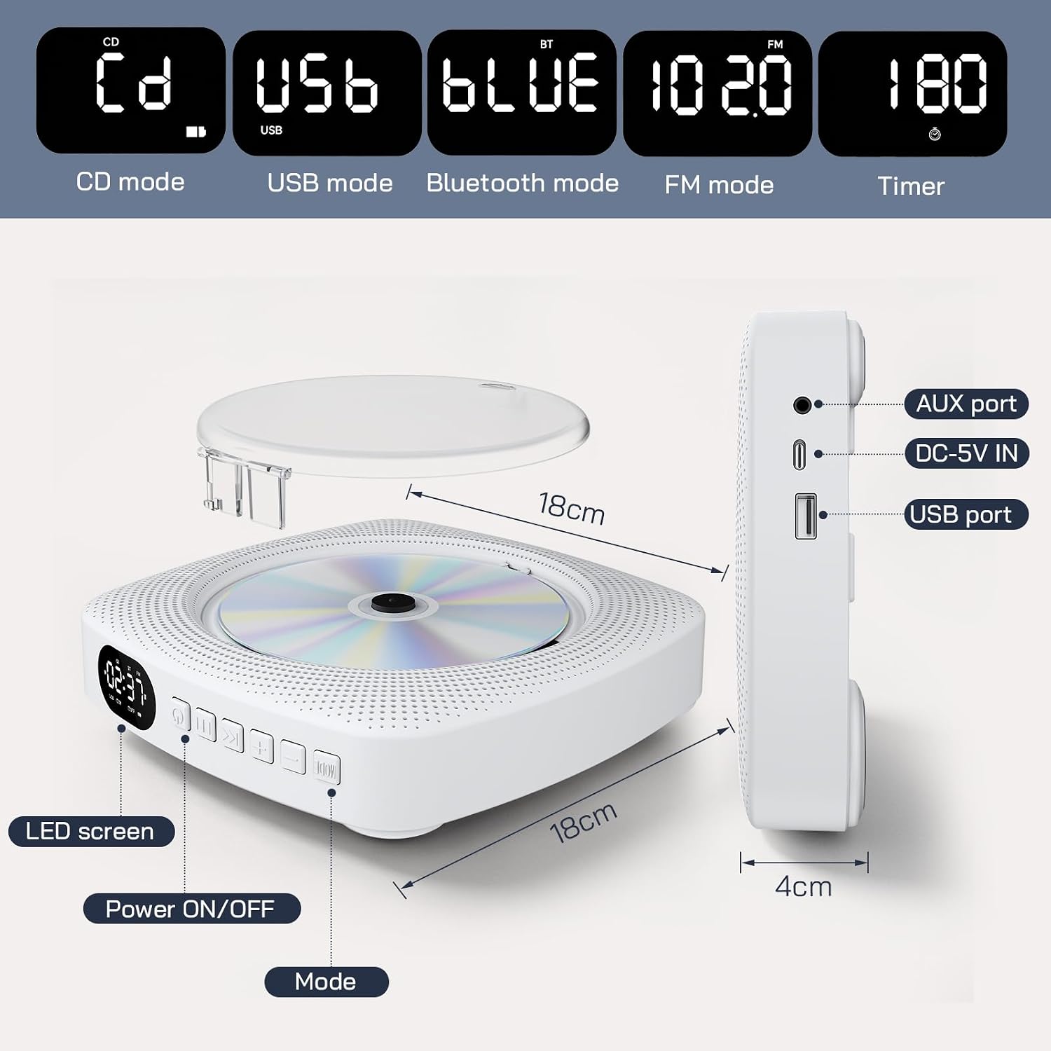 Thumbnail 6 de WOLFANG WDV04 Portable CD Player with Bluetooth, FM Radio and 4000mAh Battery