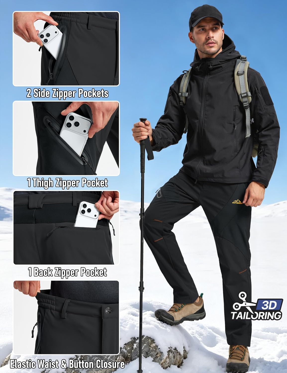Detalle 2 de TACVASEN Men's Fleece-Lined Snow Pants, Waterproof Ripstop, 4 Zipper Pockets