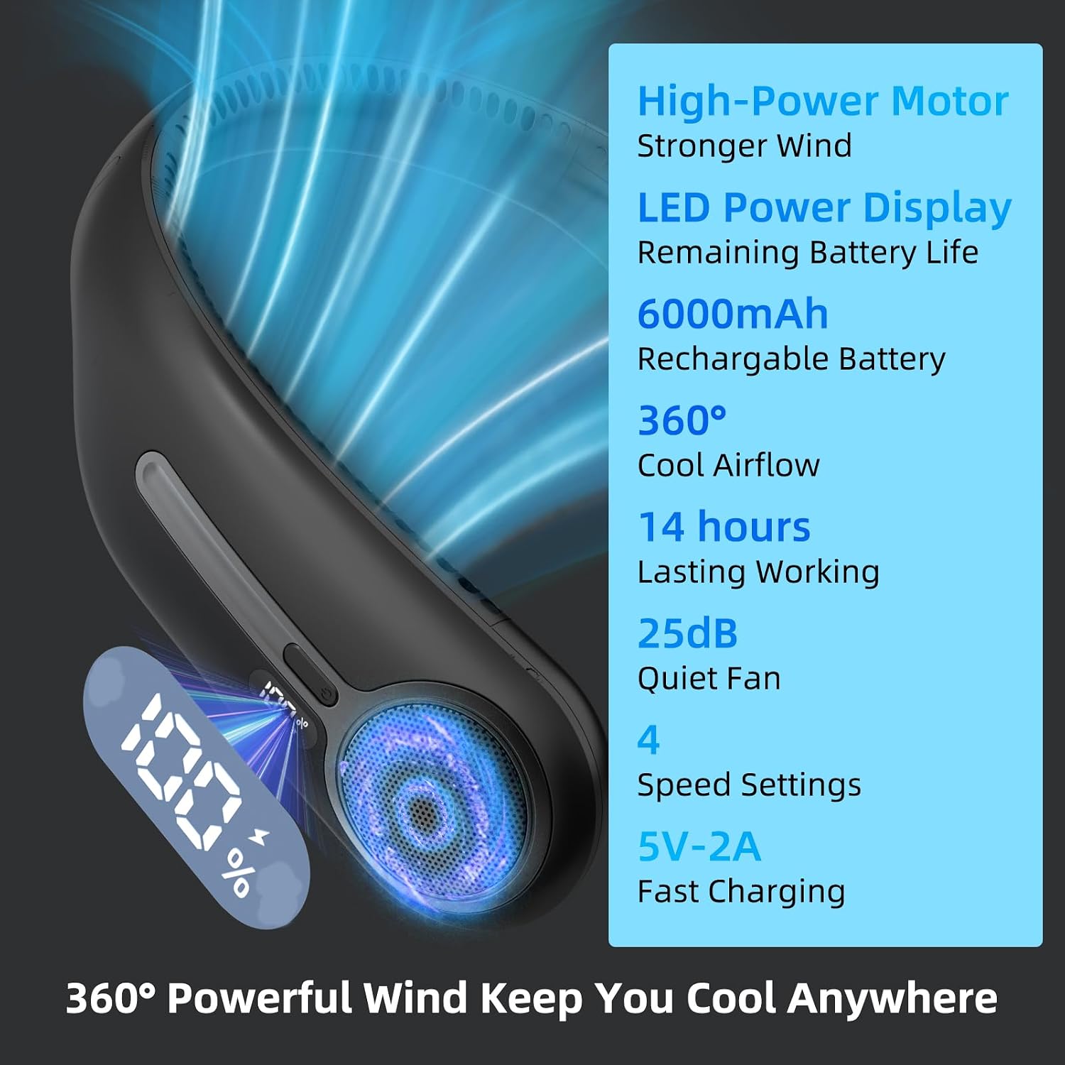 Detalle de Portable Neck Fan with 360° Bladeless Cooling, 6000mAh USB Rechargeable - Hands-Free Personal Wearable Fan (Black)
