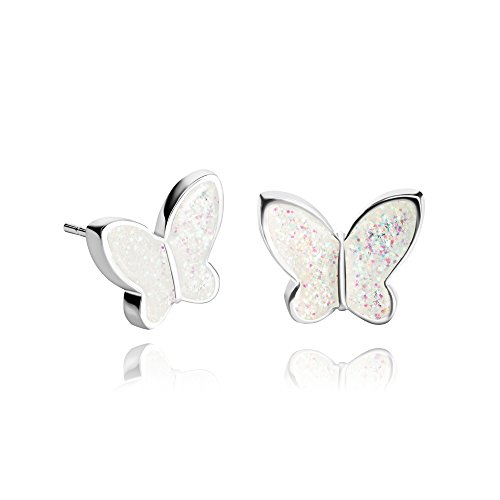 Detalle de Pendientes Aretes Lujo Pequeño de Dragon Porter – Mariposa Brillo Blanco Plata (Estilo 33)