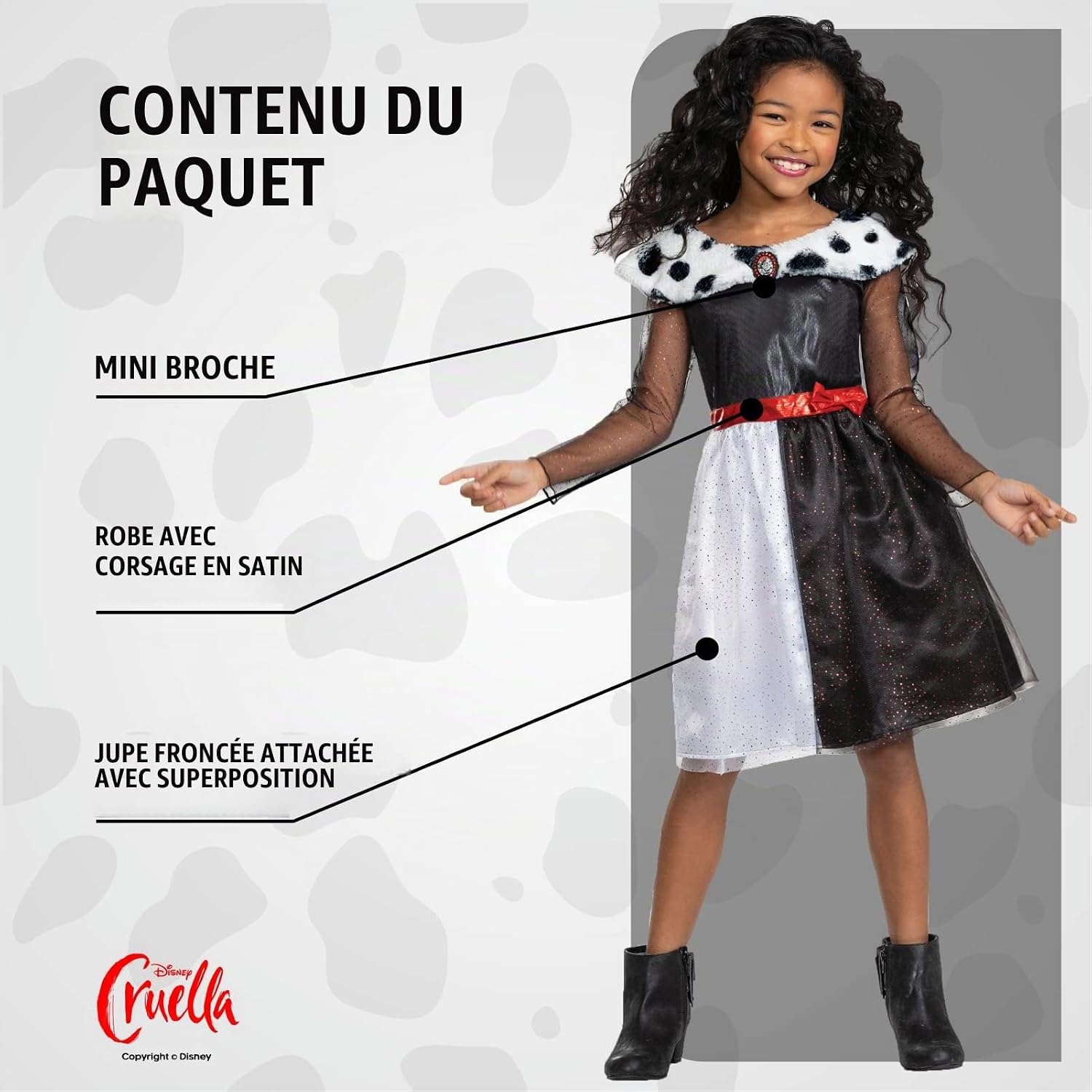 Detalle de Disguise Disney Cruella-kostuum voor kinderen met zwart-witte jurk en stippenkraag