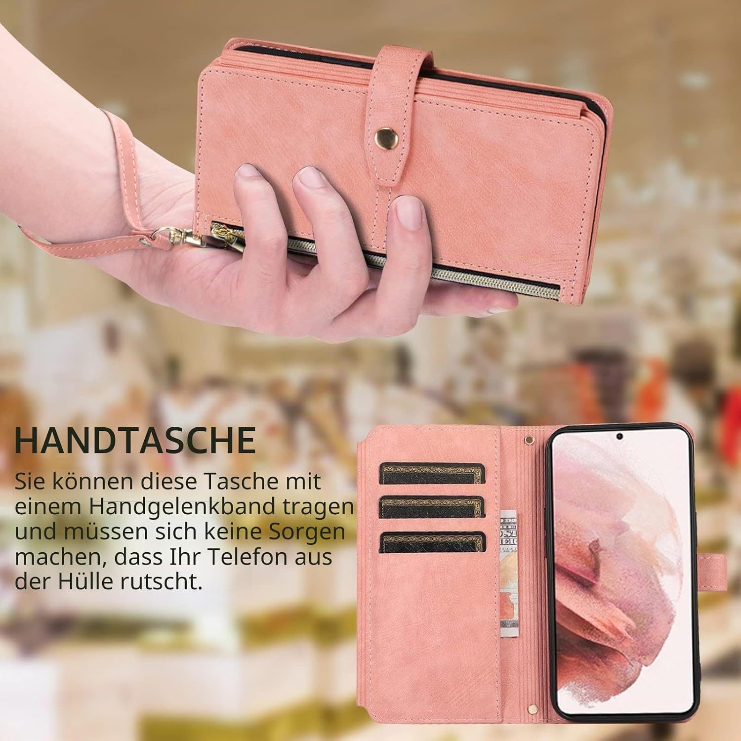 Detalle de UEEBAI Wallet-Hülle für Samsung Galaxy S23 Ultra – Vintage Retro Leder mit 9 Kartenfächern, Umhängegurt, Standfunktion und Reißverschluss in Rosa