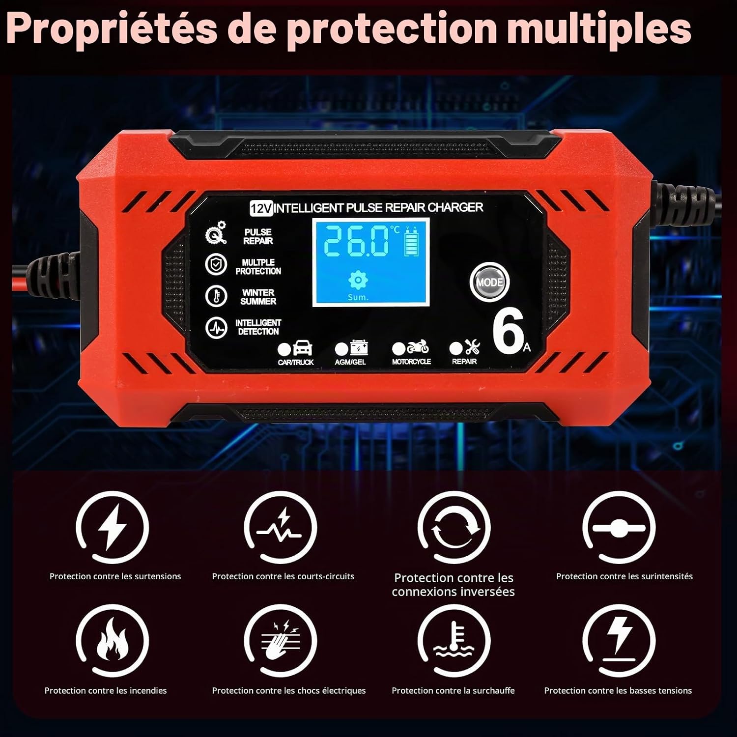 Detalle de YIIFELL 12V 6A slimme acculader voor auto en motorfiets met lcd-display