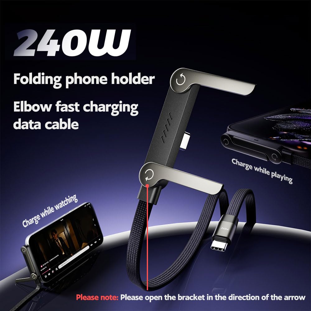 Thumbnail 1 de NKV USB C to USB C Cable 240W Fast Charging with Right-Angle & Hidden Stand (5 ft, Black)