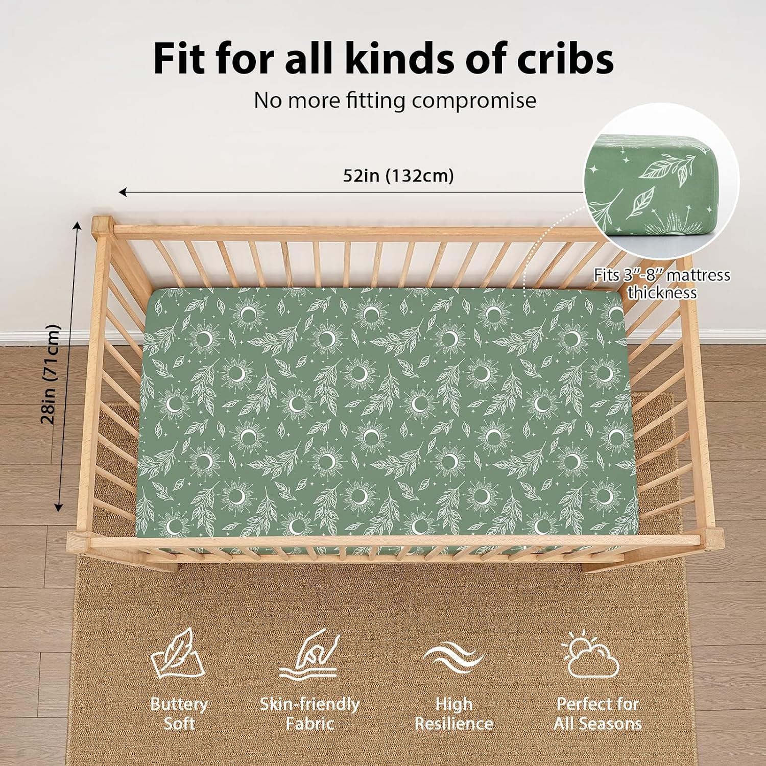 Thumbnail 2 de FIEMOL 3-Pack Fitted Baby Crib Sheets – Green Starry Sky, 52” x 28” (Standard Crib/Toddler Mattress)