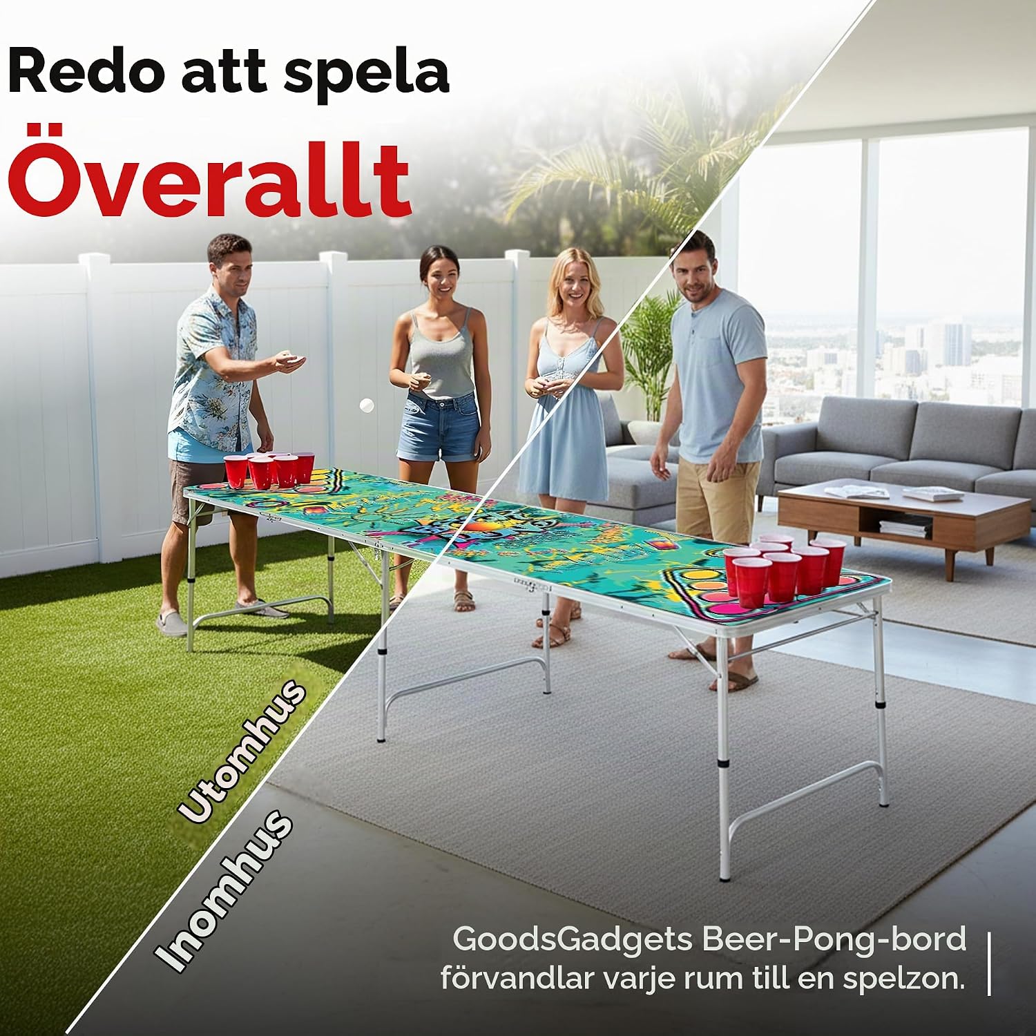 Detalle 1 de GOODS+GADGETS hopfällbart beer pong-bord med justerbar höjd, graffiti