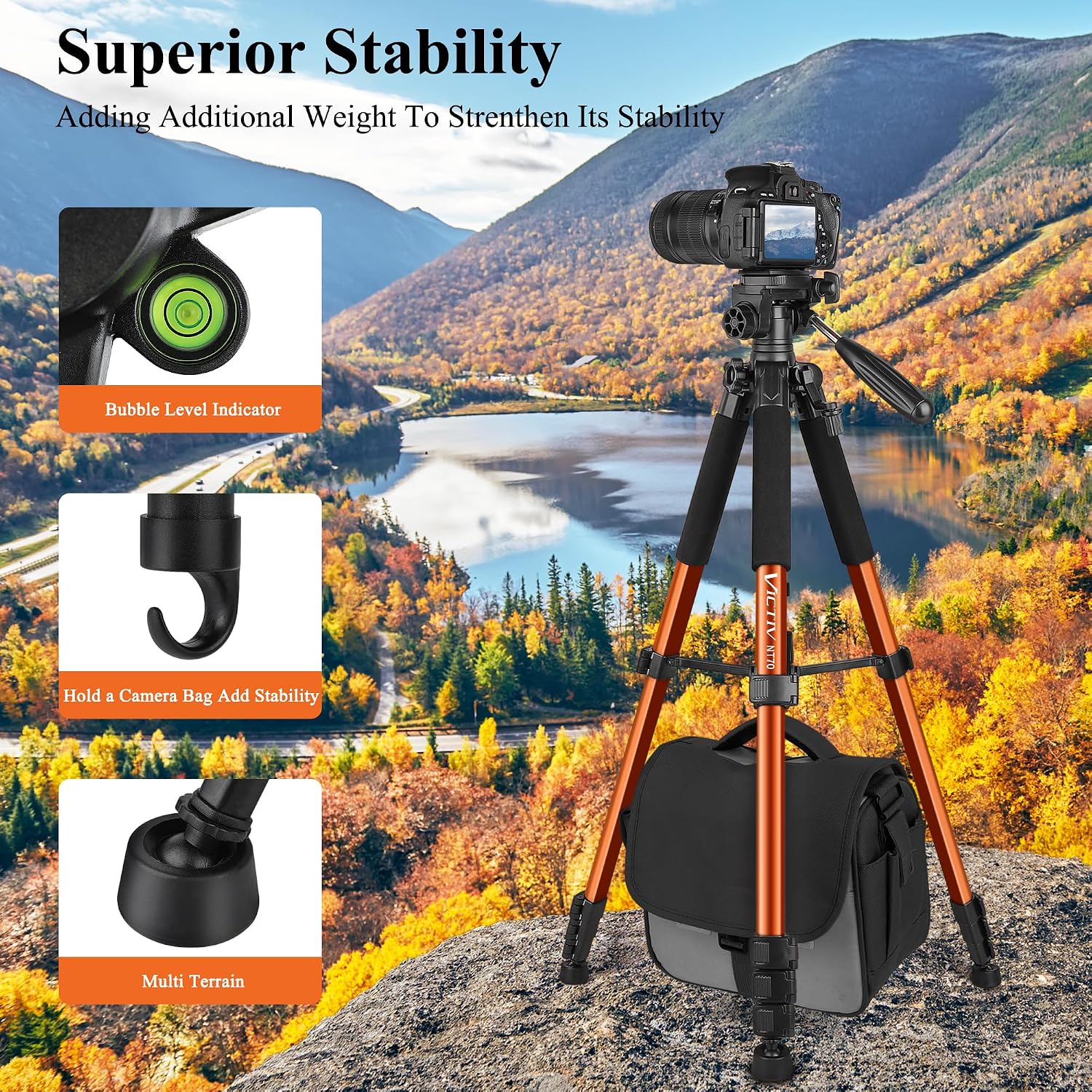Detalle de Victiv NT70 74-Inch Aluminum Tripod for Cameras and Phones, Orange