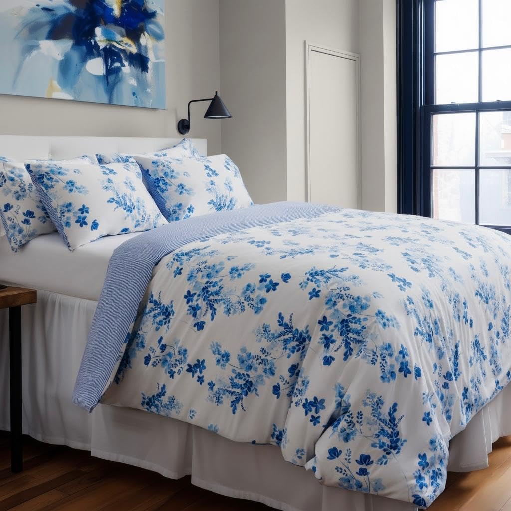 Thumbnail 4 de LERUUM Bettwäsche-Set Baumwolle 155x220 (Blau/Weiß gestreift & Blumen) inkl. Kissenbezug 80x80