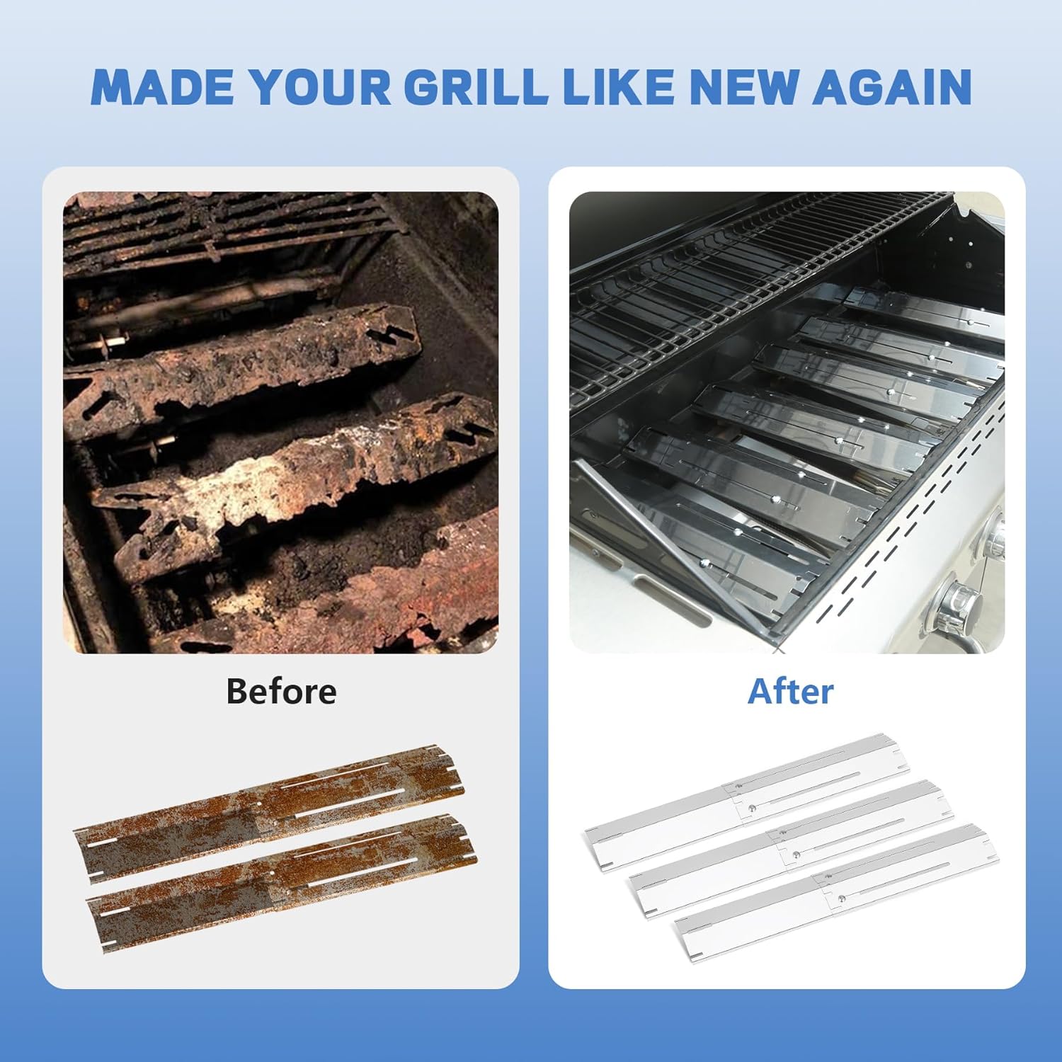 Detalle de GLARETEX Universal Burner Cover Set (3-tlg.) – verstellbare Heizplatten aus Edelstahl für Gasgrills, 29,8 bis 53 cm