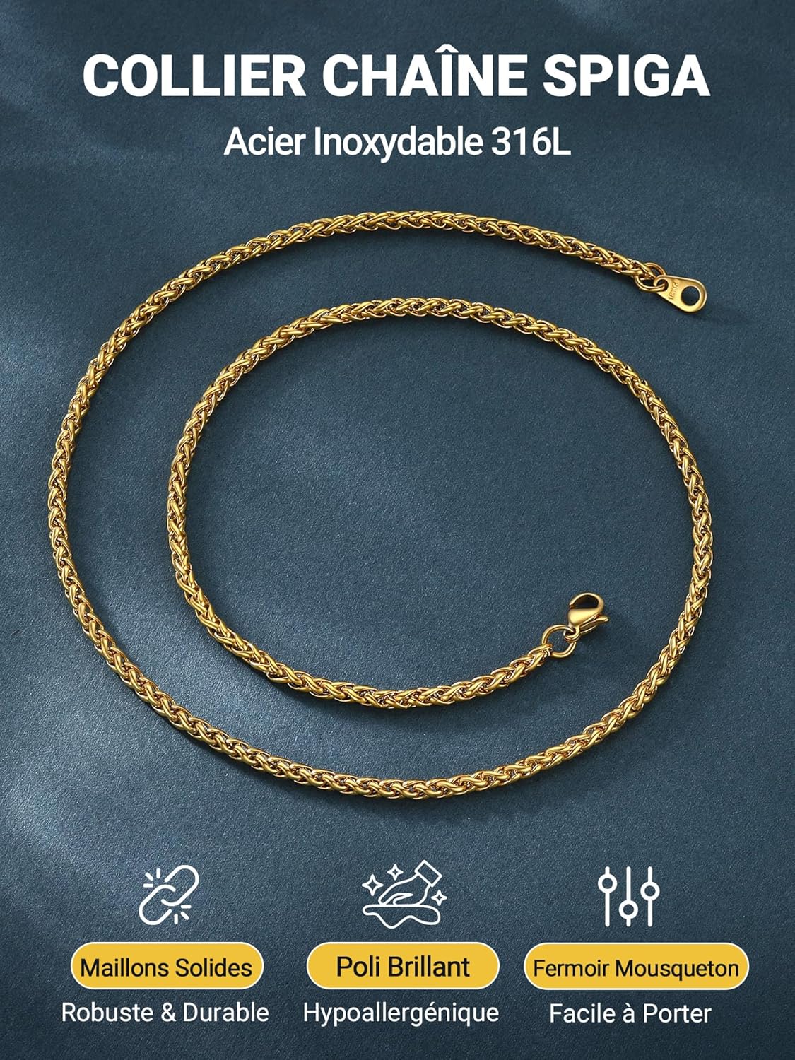 Thumbnail 2 de Collier homme PROSTEEL en acier inoxydable 316L (3/6 mm) chaîne spiga/trigo, tons argent/or/noir
