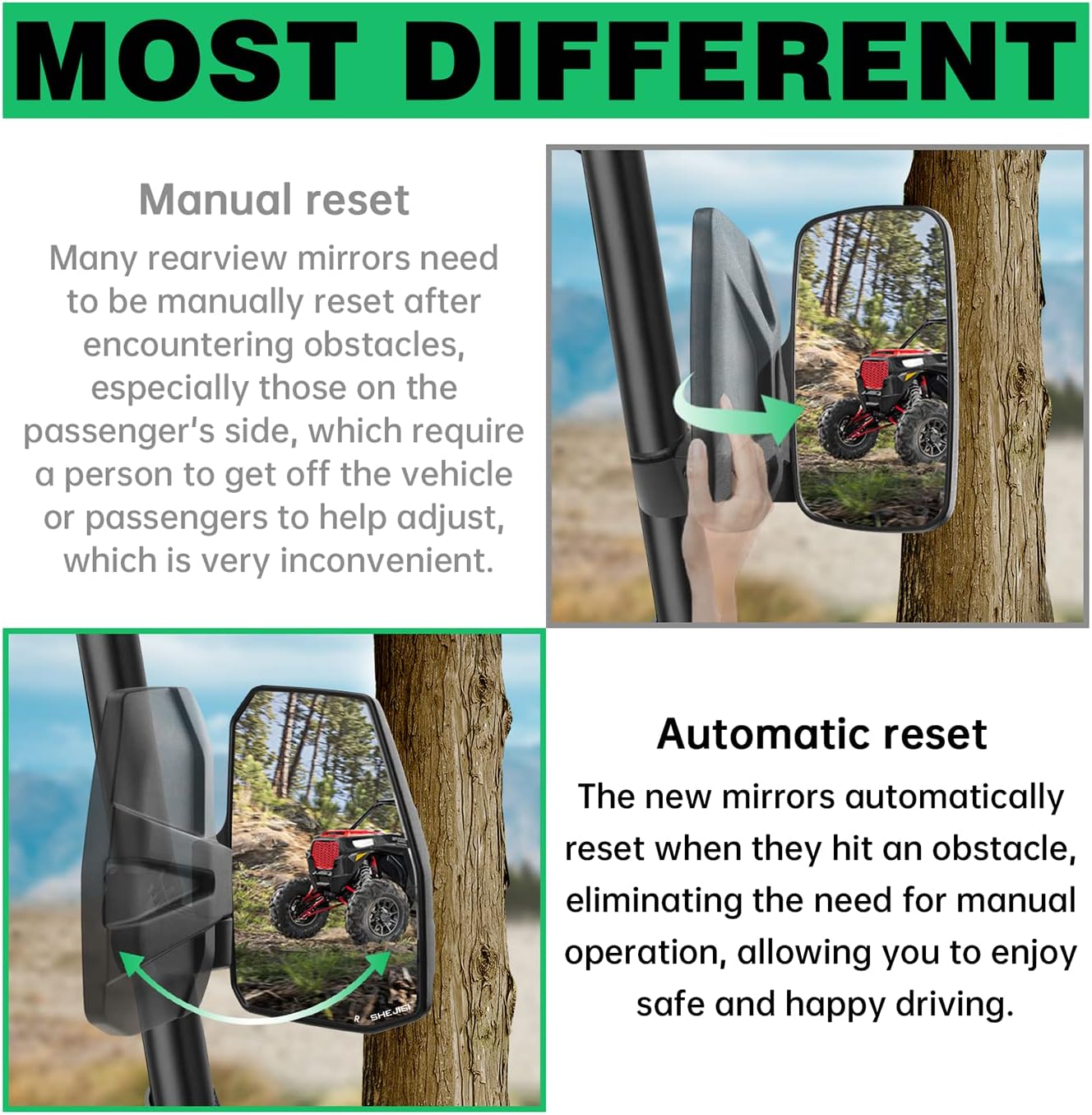 Thumbnail 1 de SHEJISI UTV Side Mirrors with Automatic Reset for 1.5–2.0" Roll Cage (Polaris RZR, Can-Am Maverick, Honda Pioneer SXS, Kawasaki Mule)