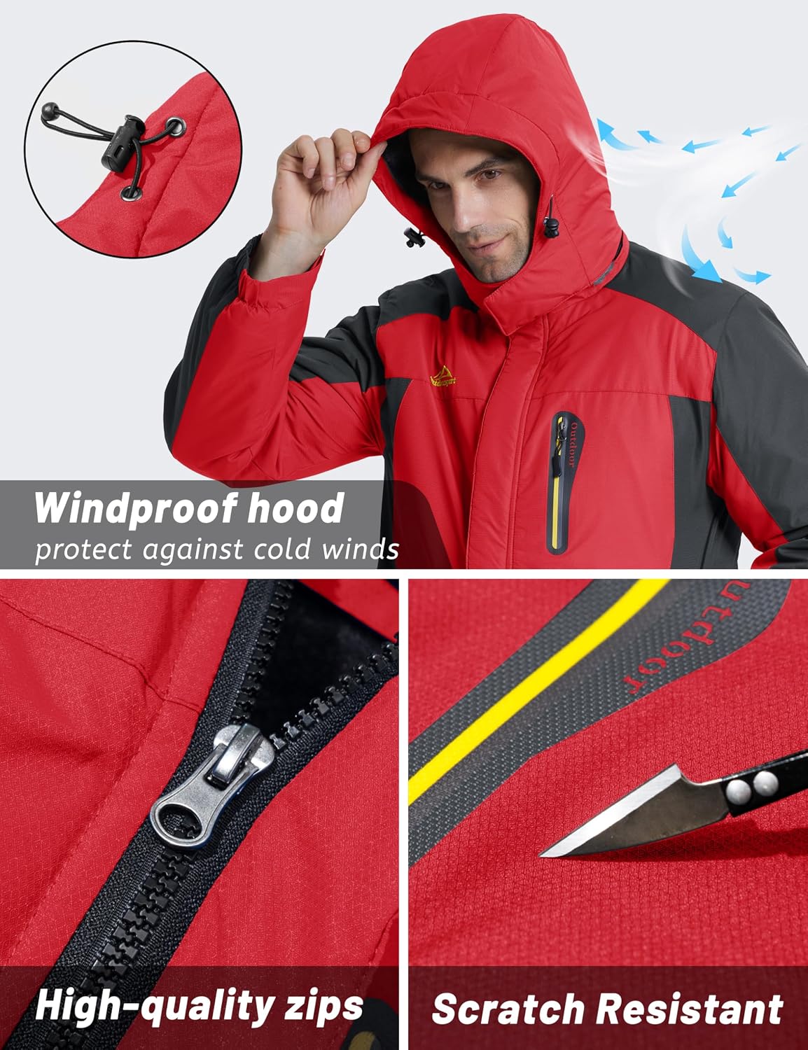Detalle 1 de TACVASEN Men's Waterproof Fleece-Lined Winter Ski Jacket with Multi-Pocket Design