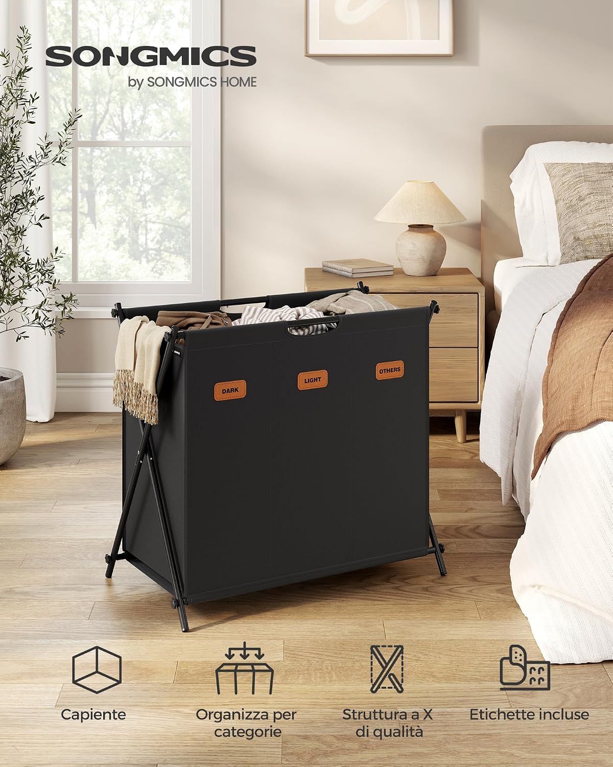 Detalle de SONGMICS LCB130G01 cesto portabiancheria pieghevole da 135 L con 3 scomparti e etichette