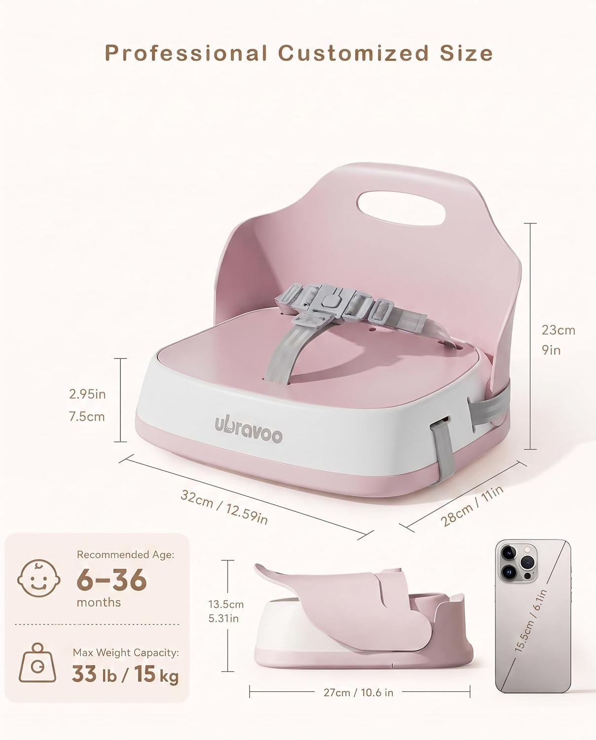 Detalle 2 de UBRAVOO Pink Baby Booster Seat with Adjustable Straps and 3-Point Harness
