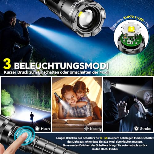 Detalle de GEARLITE Taschenlampe LED Aufladbar – Extrem Hell, 6000 Lumen, 2er-Set